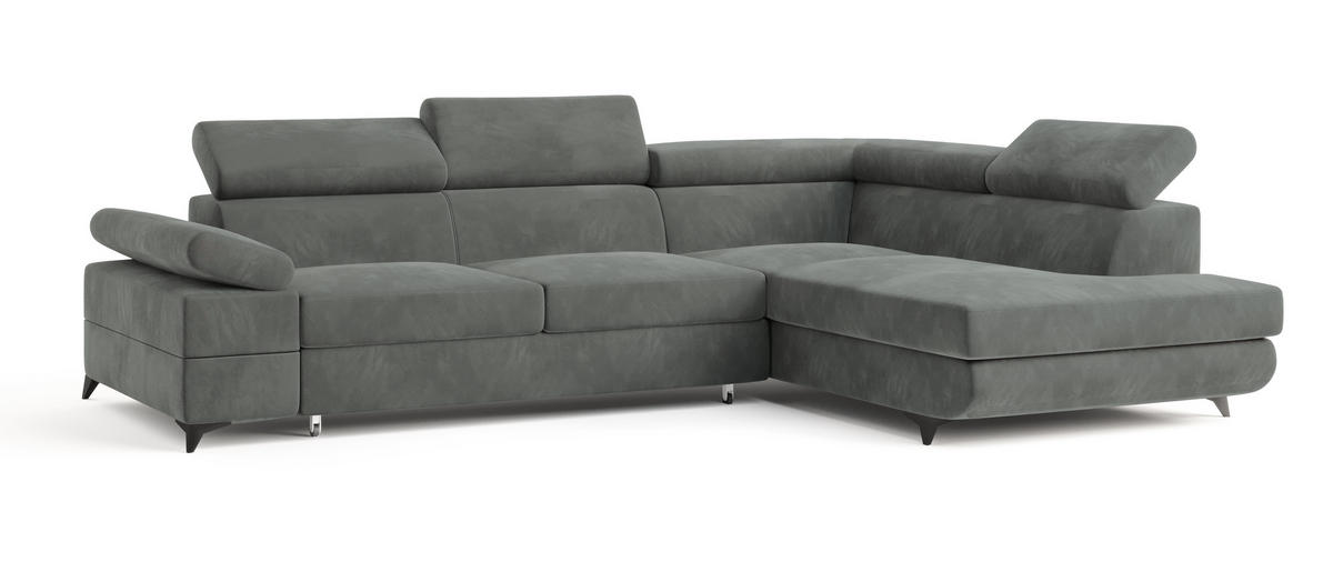 ECKSOFA FAVIEN R-S Grau Velours-Stoff mit Schlaffunktion - Grau, Holz (257/190cm) - MASSENO