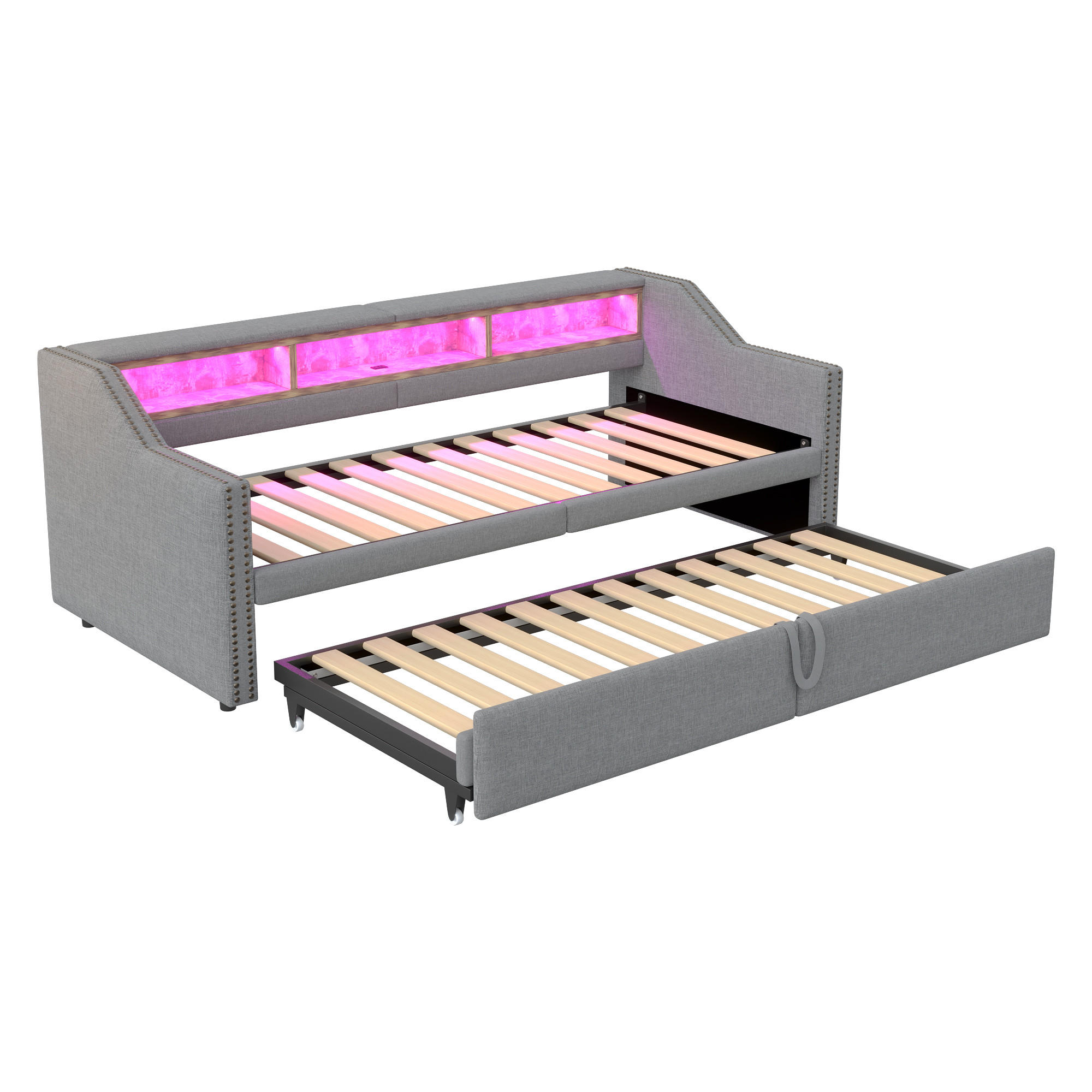 POLSTERBETT 90/180 x 200 cm, Ausziehbares, mit Lattenrost, Hellgrau - Hellgrau, Textil (90/200cm) - KOMHTOM