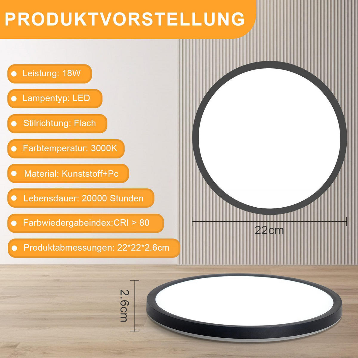 LED-DECKENLEUCHTE Lind 22/22/2.6cm - Schwarz, Kunststoff (22/22/2.6cm) - Nettlife