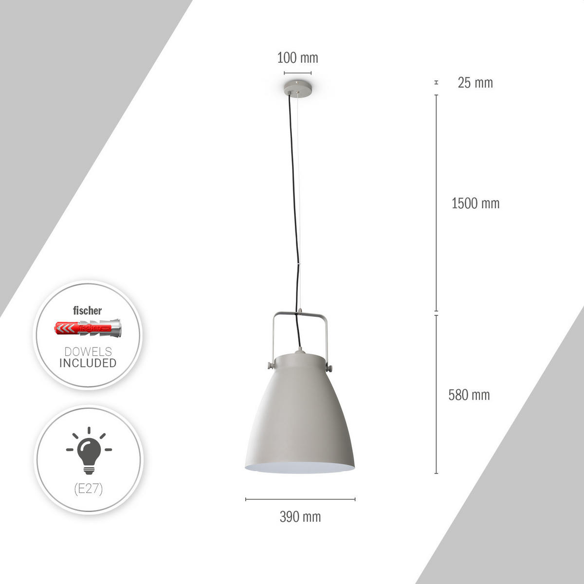 PENDELLEUCHTE Boone Pd - Weiß/Grau, Metall (39/39/58cm) - Paco Home