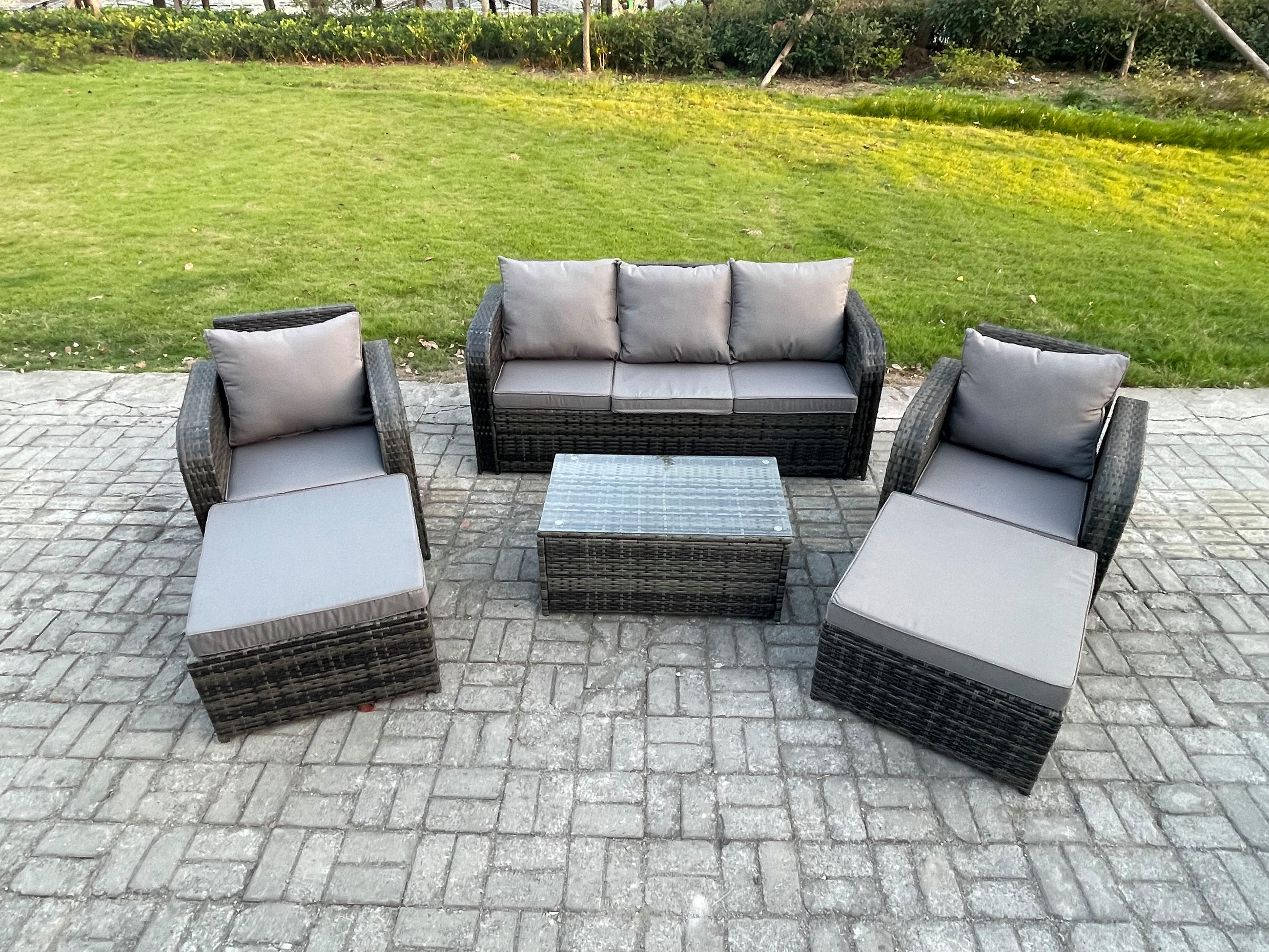 GARTENMÖBELGARNITUR mit KISSEN Polyrattan Dunkelgrau 7-Sitzer - Dunkelgrau/Grau, Glas/Kunststoff - Fimous
