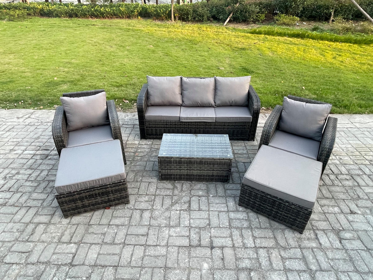 GARTENMÖBELGARNITUR mit KISSEN Polyrattan Dunkelgrau 7-Sitzer - Dunkelgrau/Grau, Glas/Kunststoff - Fimous