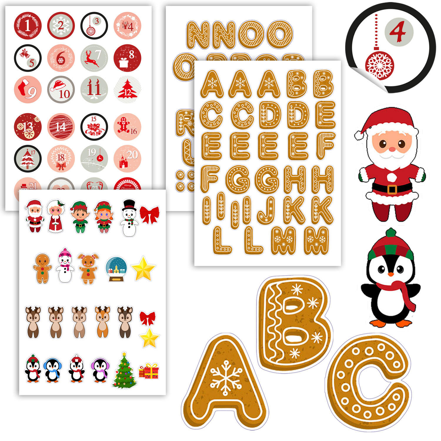ADVENTSKALENDER-STICKER-SET, 62 Sticker - Multicolor, Papier (2/1/3cm) - Dunedesign