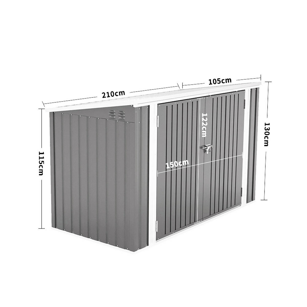 FAHRRADGARAGE mit abschließbaren Türen aus Stahl Grau Hochwertiger Wetterbeständige 210 x 105 x 130 cm - Grau, Metall (210/130/105cm) - Livingandhome