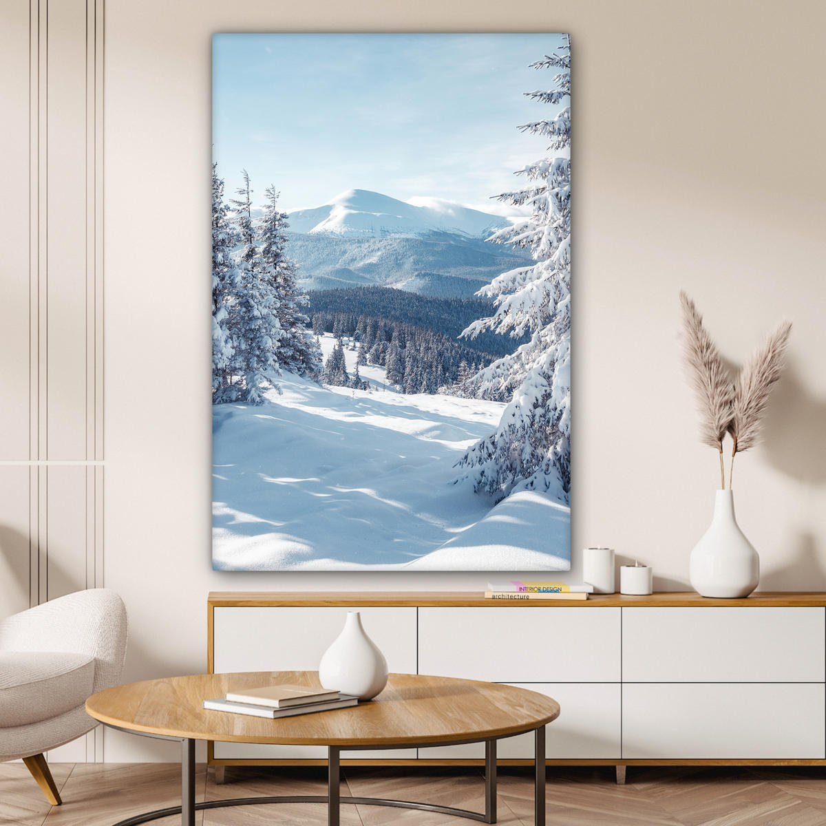 LEINWANDBILD Winterlandschaft - Natur - Berge - Bäume - Schnee 90x140 cm - Hellblau, Textil (90/140cm) - MuchoWow