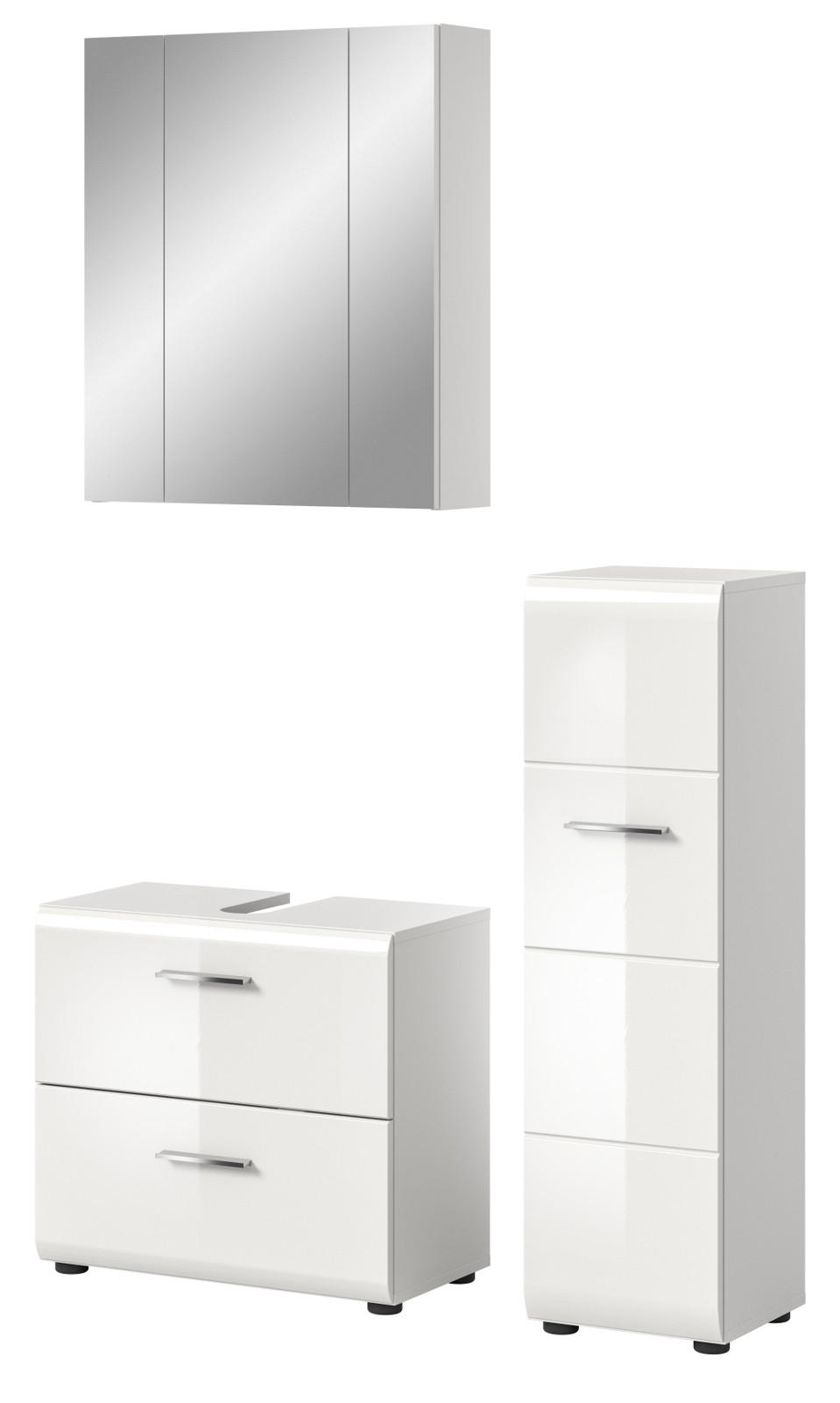 BADMÖBEL SET 3-teilig in weiß Hochglanz Badkombination 105 x 185 cm Cover - Weiß Hochglanz/Silberfarben, Holzwerkstoff/Kunststoff (105/185/30cm) - Inn.Furn