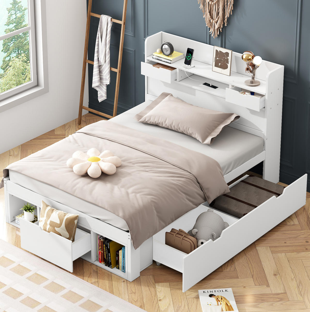 DETSKÁ posteľ 90/190 cm biela s USB, zásuvkami a úložným priestorom z MDF - biela, kompozitné drevo (90/190cm) - OKWISH