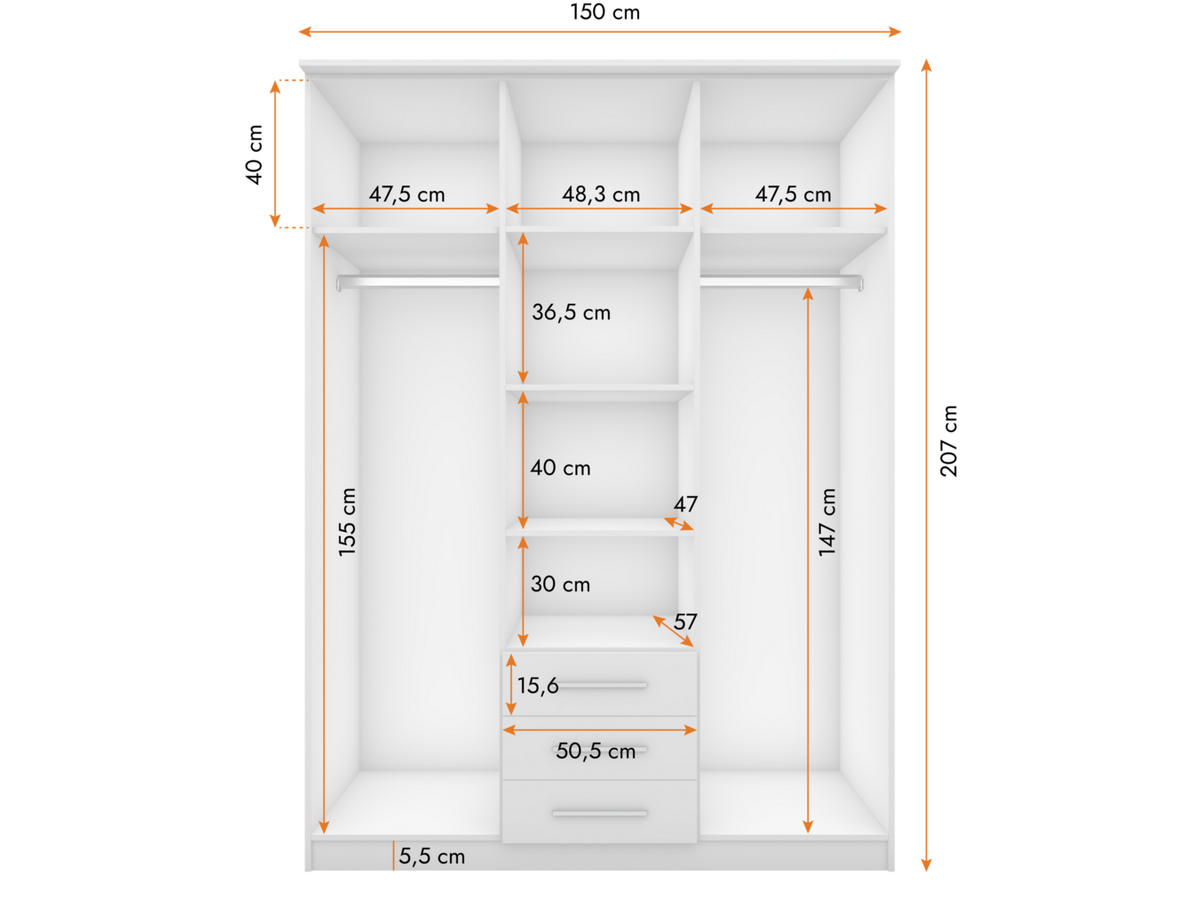 DREHTÜRENSCHRANK - RUTH 3D WEIß - Weiß, Holzwerkstoff/Metall (150/210/64cm) - Möblo