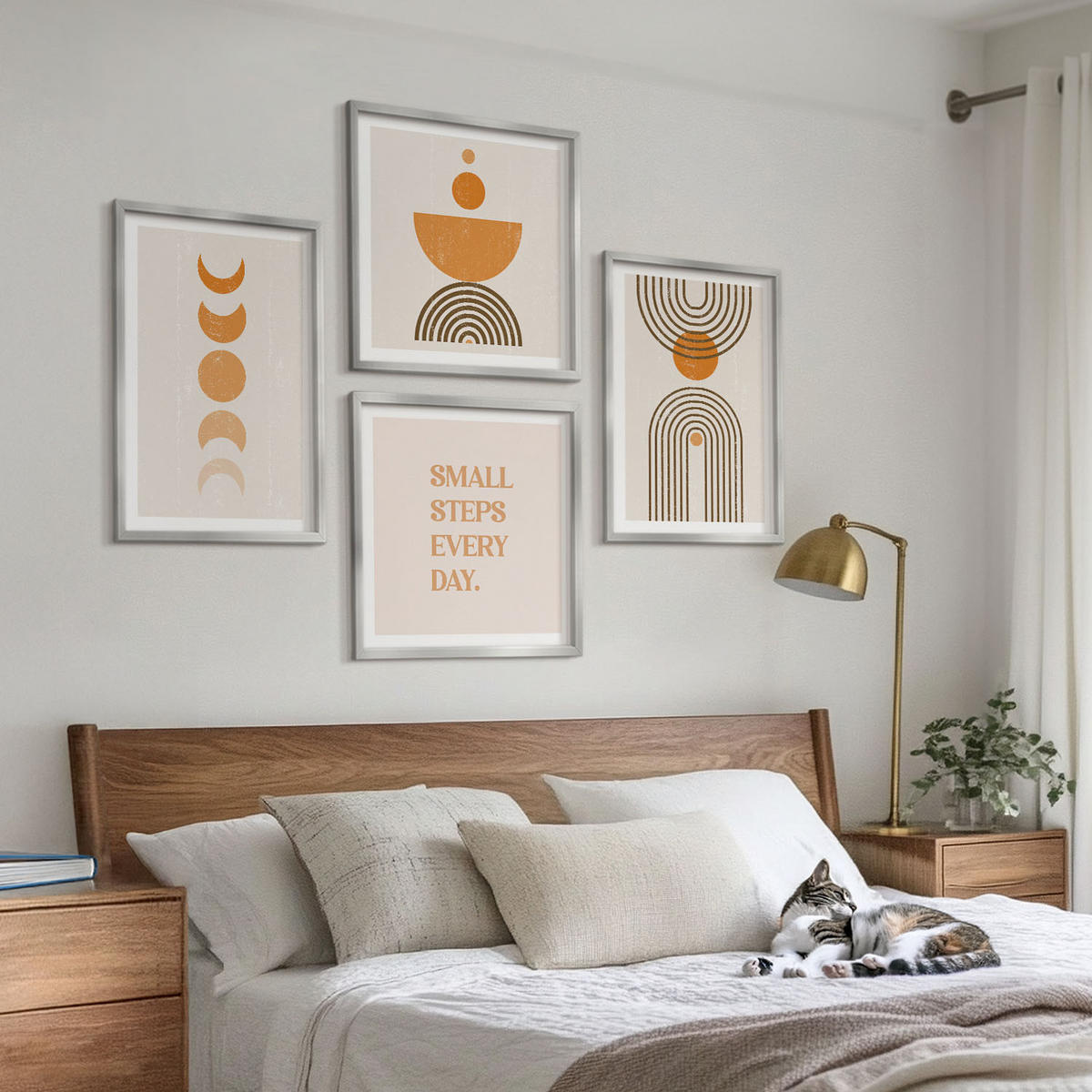 BILDER SET 4er Set - 50x50 cm & 40x60 cm Silberner Rahmen - Minimalistische Boho-Muster - Silberfarben, Kunststoff (50/50cm) - TULUP