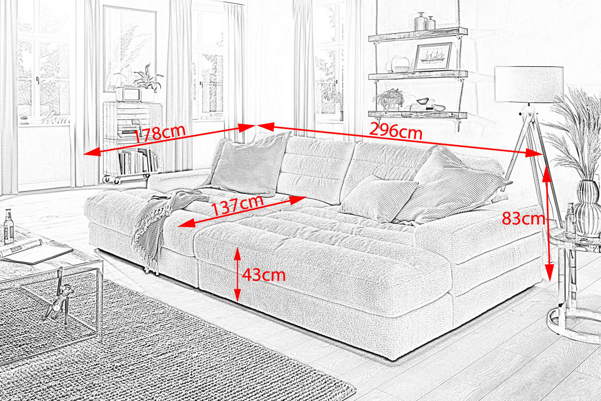 BIG SOFA LANA Grau Webstoff - Schwarz/Grau, Textil (296/83/178cm) - KAWOLA