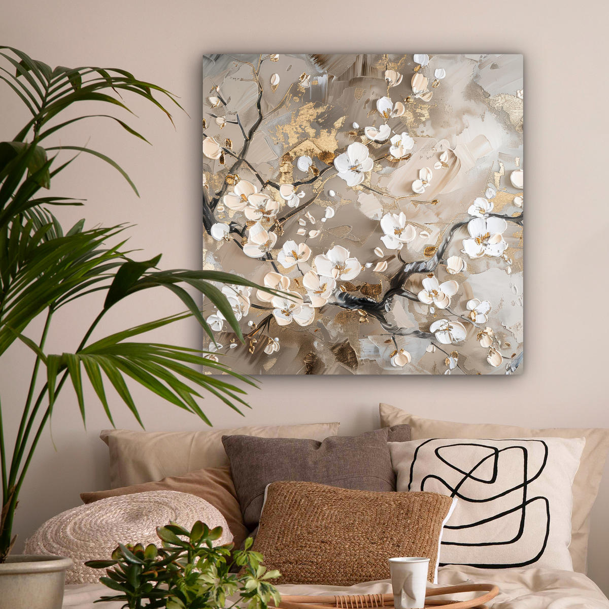 LEINWANDBILD - Blumen - Weiß - Gold - Beige - Luxus - 90x90 - Gemälde - Greige, Textil (90/90cm) - MuchoWow