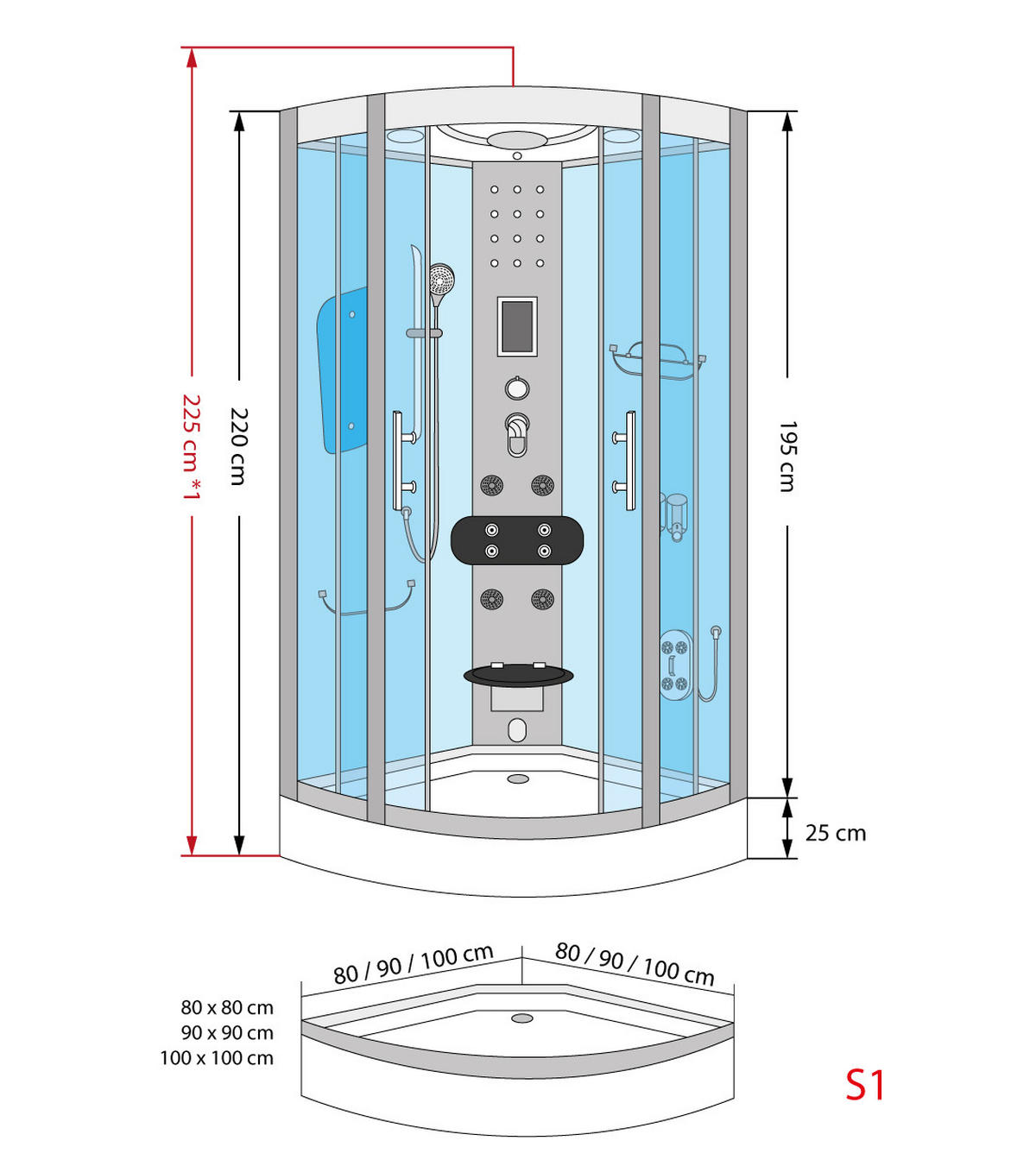 DAMPFDUSCHE Duschkabine D58-60M3-EC Weiß 100x100 - Weiß, Glas/Kunststoff (100/100/225cm) - AcquaVapore by Sandra Jentho