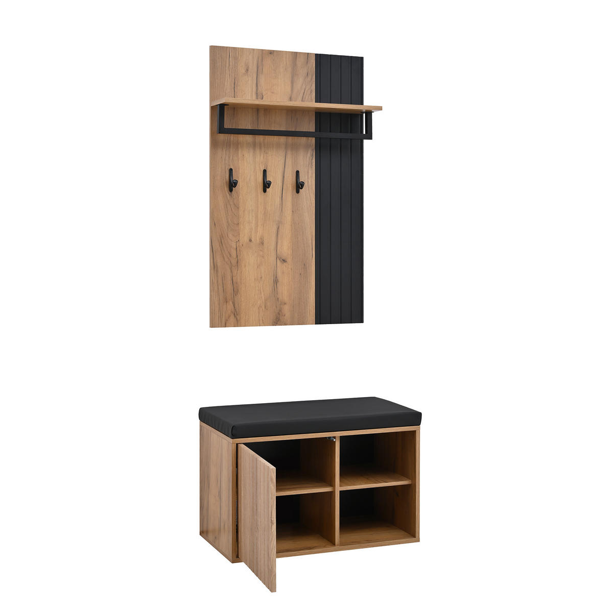 FLURSCHRANK mit Schuhbank 70 x 36 x 146 cm Spanplatte Schwarz/Natur - Schwarz, Holzwerkstoff (36/146/70cm) - Beauniv