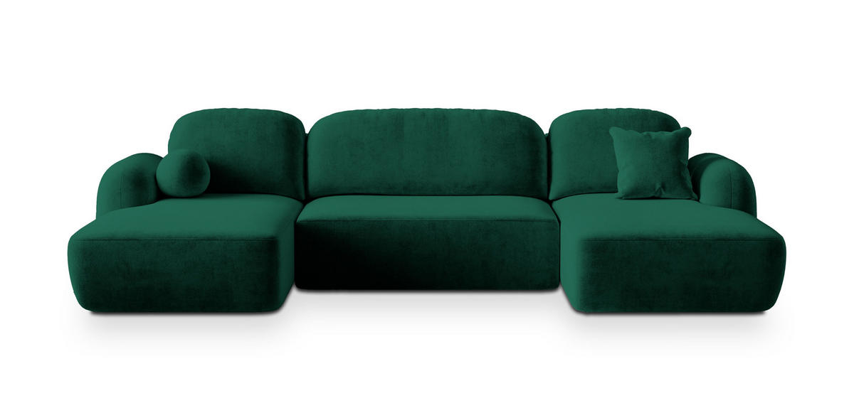 WOHNLANDSCHAFT SAVONA K Grün Plüsch-Stoff mit Schlaffunktion - Grün, Holz (320/90/148cm) - MASSENO