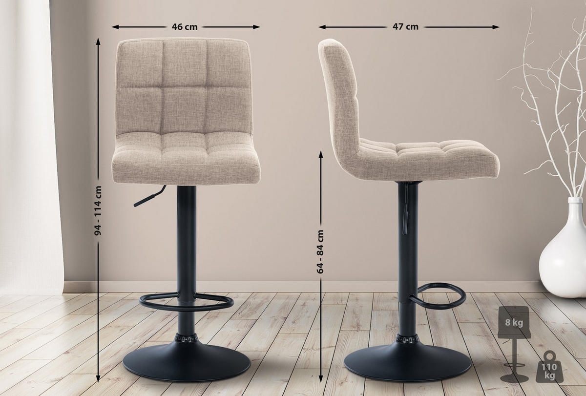 BARHOCKER 2er Set Cala Stoff schwarz creme - Creme/Schwarz, Textil/Metall (46/114/47cm) - TPFLiving