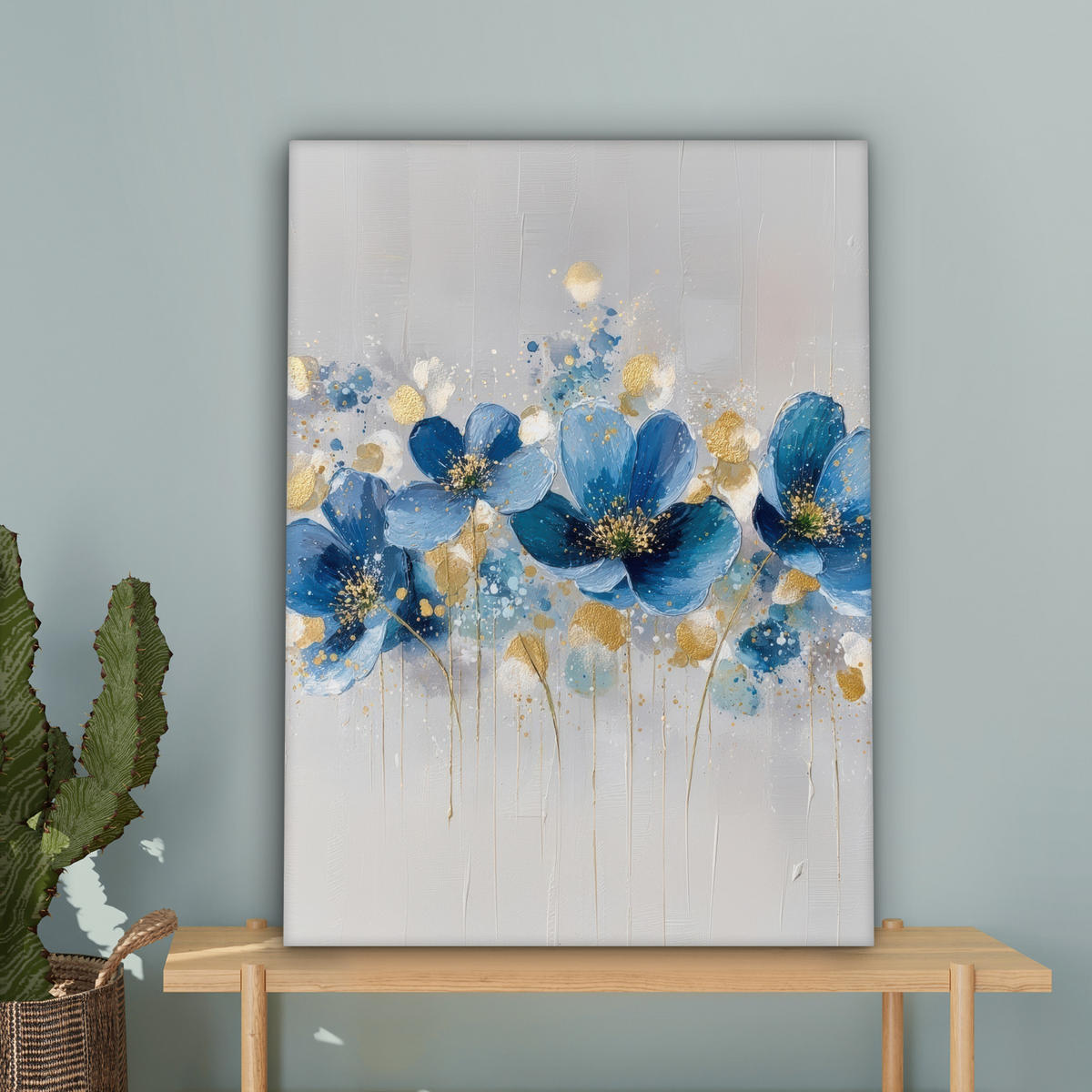 LEINWANDBILD Blumen - Blau - Abstrakt Wandbild Wohnzimmer 60x80 cm - Hellgrau, Textil (60/80cm) - MuchoWow