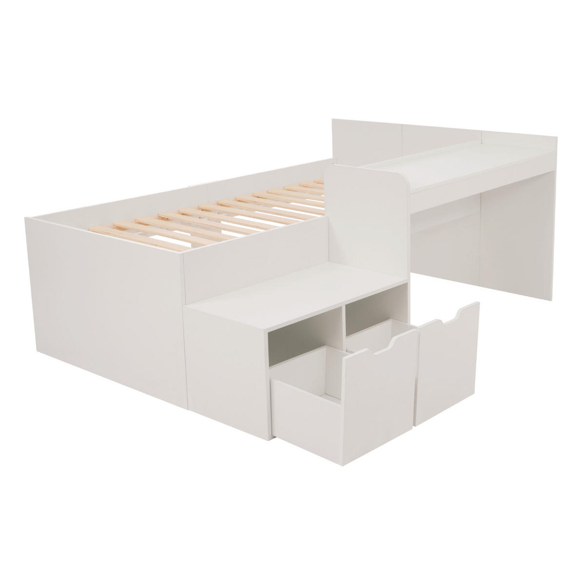 KINDERBETT 90/200 cm aus Kiefer-Massivholz und MDF mit Schreibtisch und 2 Schubladen Weiß - Weiß, Holzwerkstoff (90/200cm) - Modenvie
