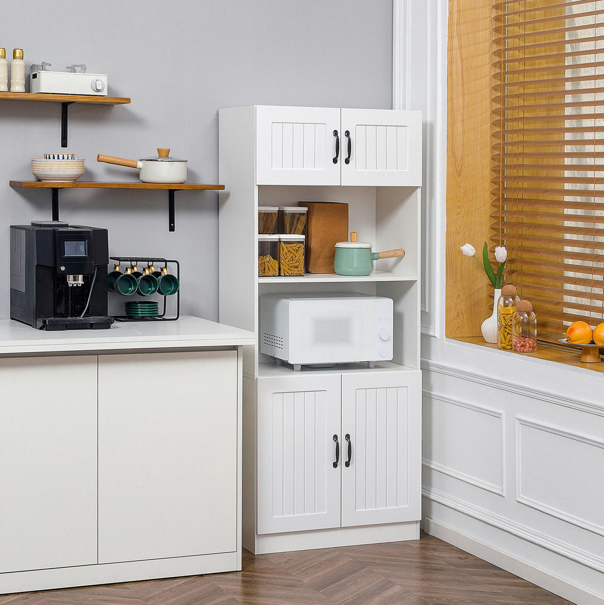 HIGHBOARD 70/40/170 cm mit 4 Türen, offenem Gerätefach und verstellbaren Einlegeböden, MDF, Weiß - Weiß, Holzwerkstoff (70/170/40cm) - Redom