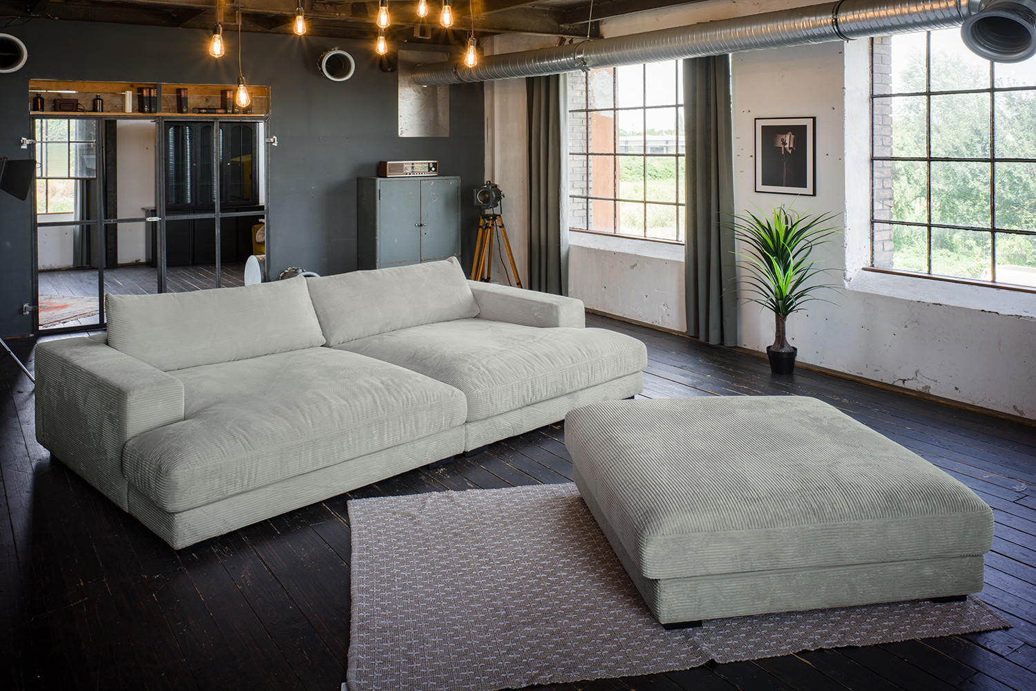 BIG SOFA-SET MIT TABLETT NATUR MADELINE Hellgrau Cord - Hellgrau/Schwarz, Kunststoff/Textil (290/85/170cm) - KAWOLA