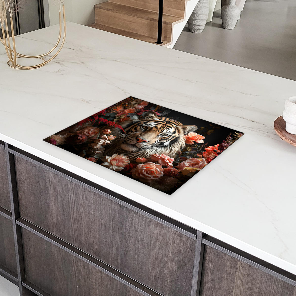 HERDABDECKPLATTE Tiger - Tier - Natur - Floral - Botanisch 65x52 cm - Orange, Kunststoff (65/52/0.2cm) - MuchoWow