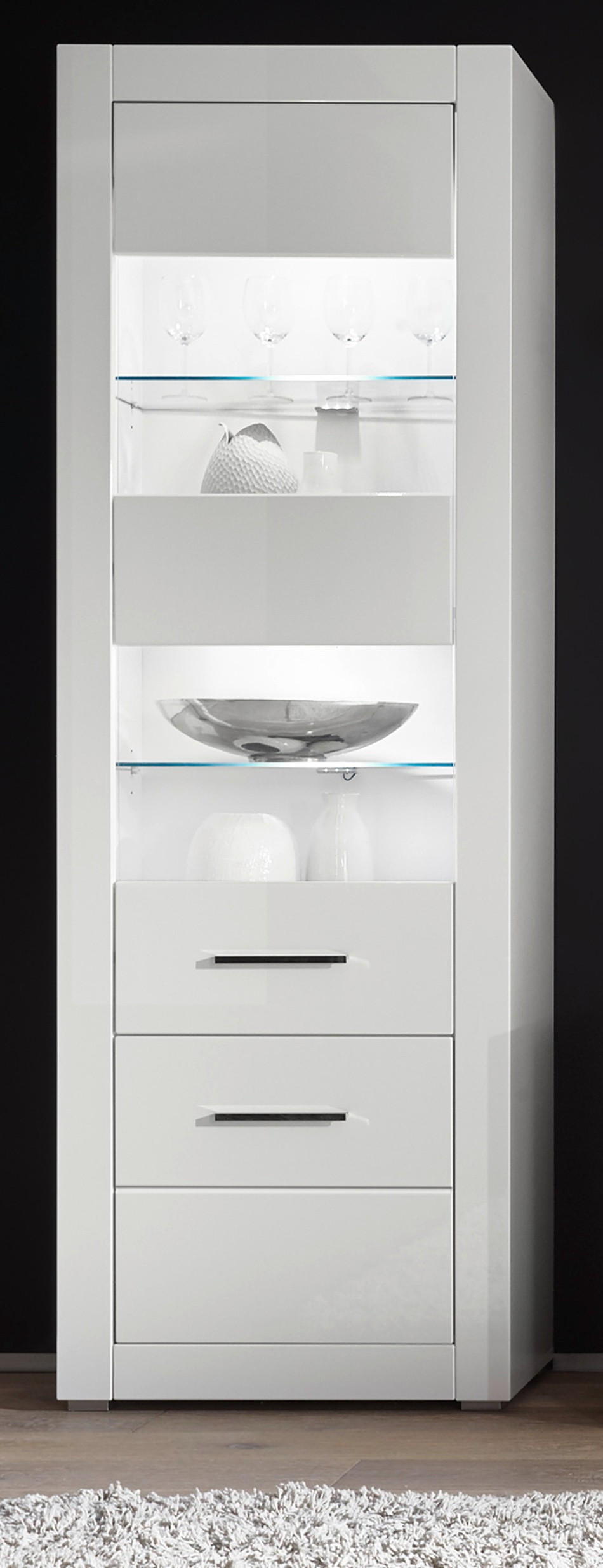 VITRINE weiß Hochglanz 65 cm, Vitrinenschrank modern - Weiß Hochglanz/Silberfarben, Holzwerkstoff/Kunststoff (65/198/35cm) - Furn.Design