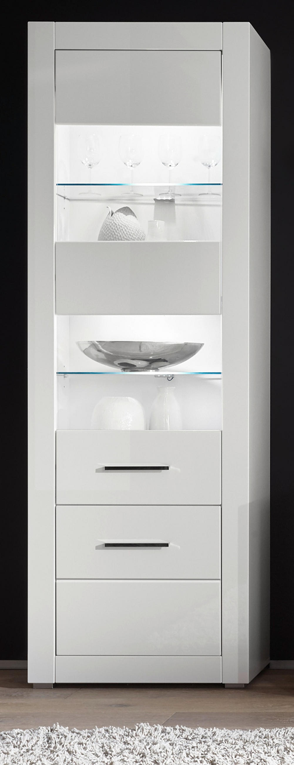 VITRINE weiß Hochglanz 65 cm, Vitrinenschrank modern - Weiß Hochglanz/Silberfarben, Holzwerkstoff/Kunststoff (65/198/35cm) - Furn.Design