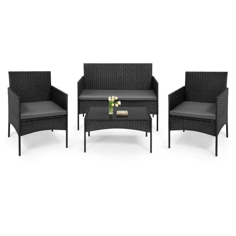 RATTAN-GARTENMÖBEL-SET – 2-Sitzer, 2 Sessel, Couchtisch - Schwarz, Metall - Auledio