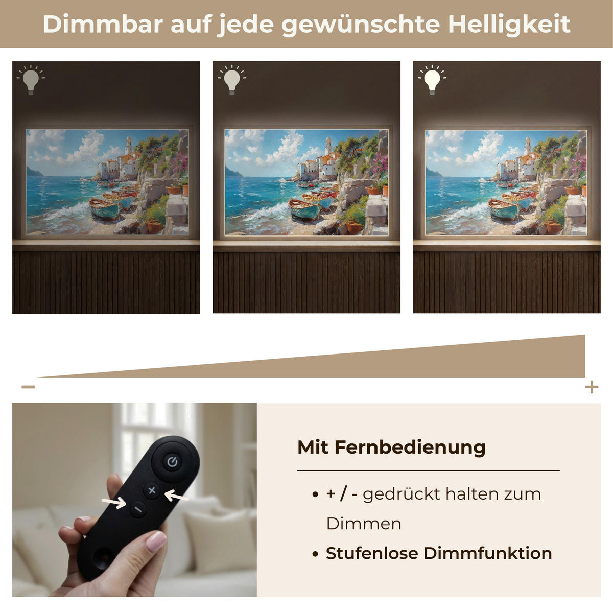 NÁSTĚNNÁ LAMPA S AKUMULÁTOREM Lodě - skály - moře - slunce 60x40 cm - modrá, kompozitní dřevo (60/40/8cm) - OnlyWow