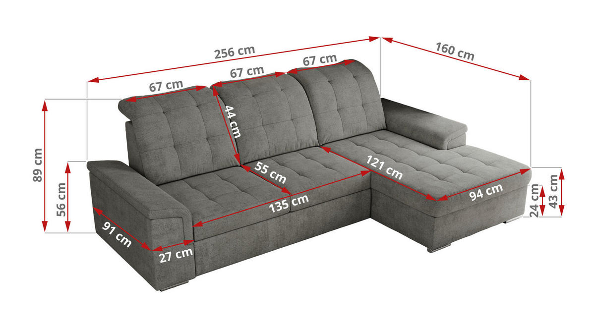 ECKSOFA MADRITO L - Grau Struktur - Rechts - Silberfarben/Grau, Textil/Metall (256/160cm)