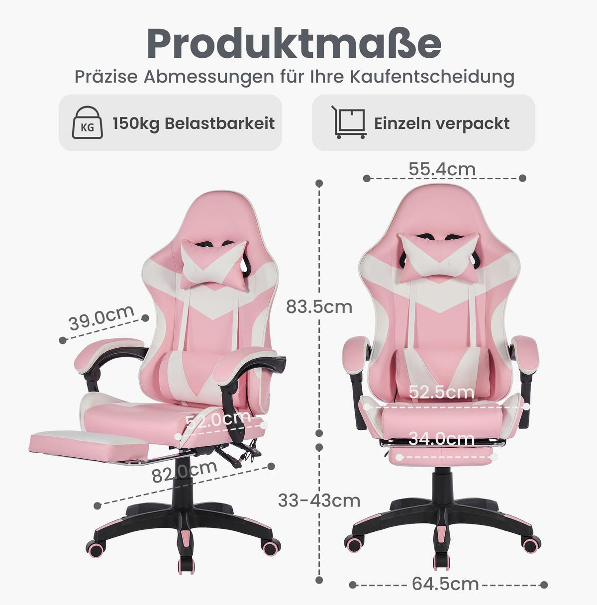 DREHSTUHL B64 / T58 / H116.5-126 cm,, ergonomisch gepolstert, drehbar mit Fußstütze, Weiß und Rosa - Pink, Kunststoff (58/116.5/64.5cm) - Redom