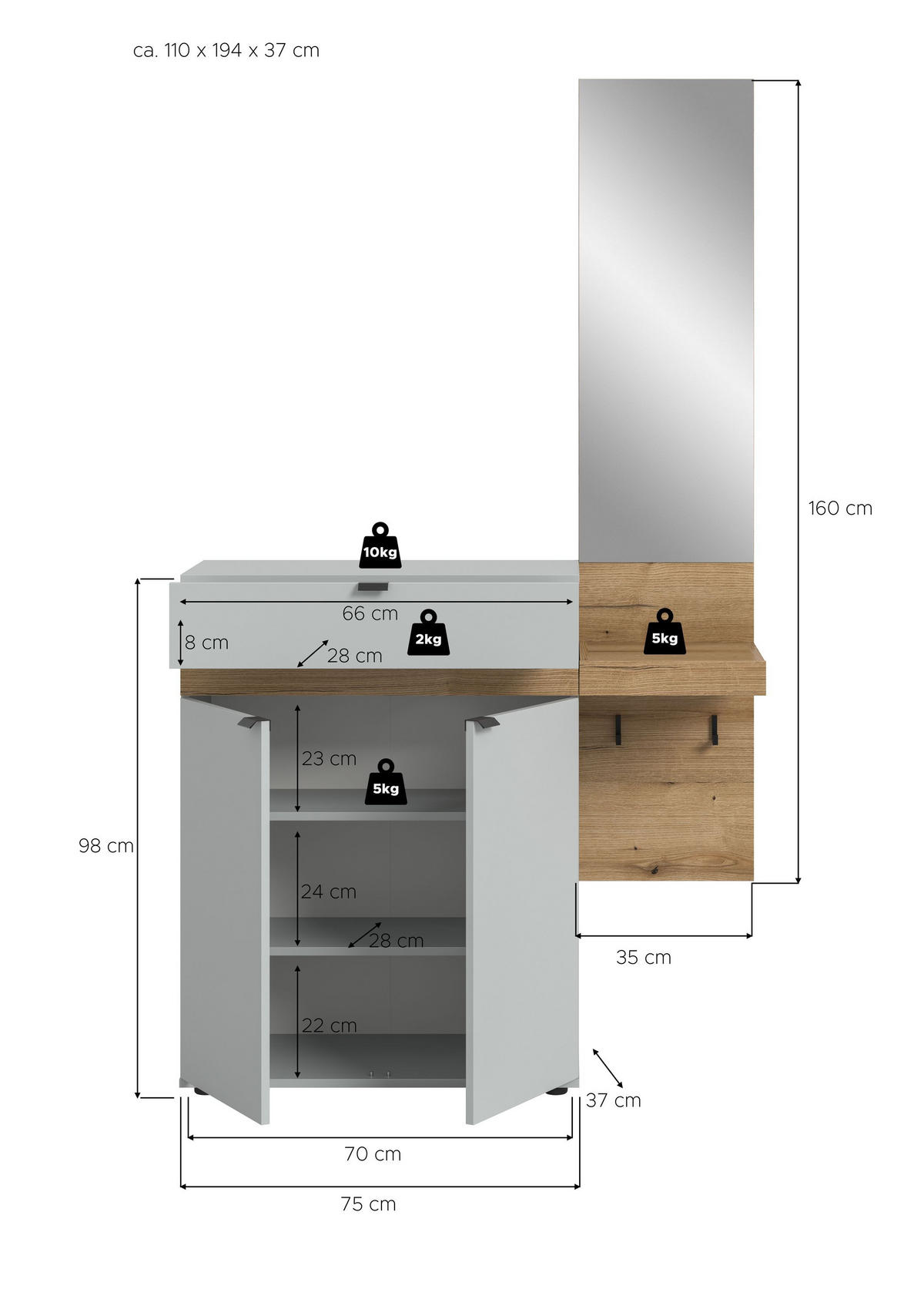 GARDEROBEN-SET NARO 2-tlg. (B/H/T: ca. 110/194/37 cm) in grau/grau - Grau, Holzwerkstoff (110/194/37cm)