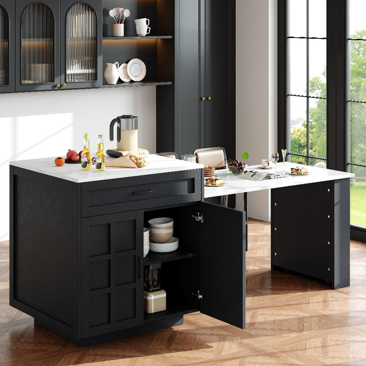KÜCHENINSEL AUSZIEHBARER BARTISCH mit Stauraum, MDF Schwarz, für 2-6 Personen, 133-202/70/93,5 cm - Schwarz, Kunststoff (70/93.5/202cm) - Rolipo