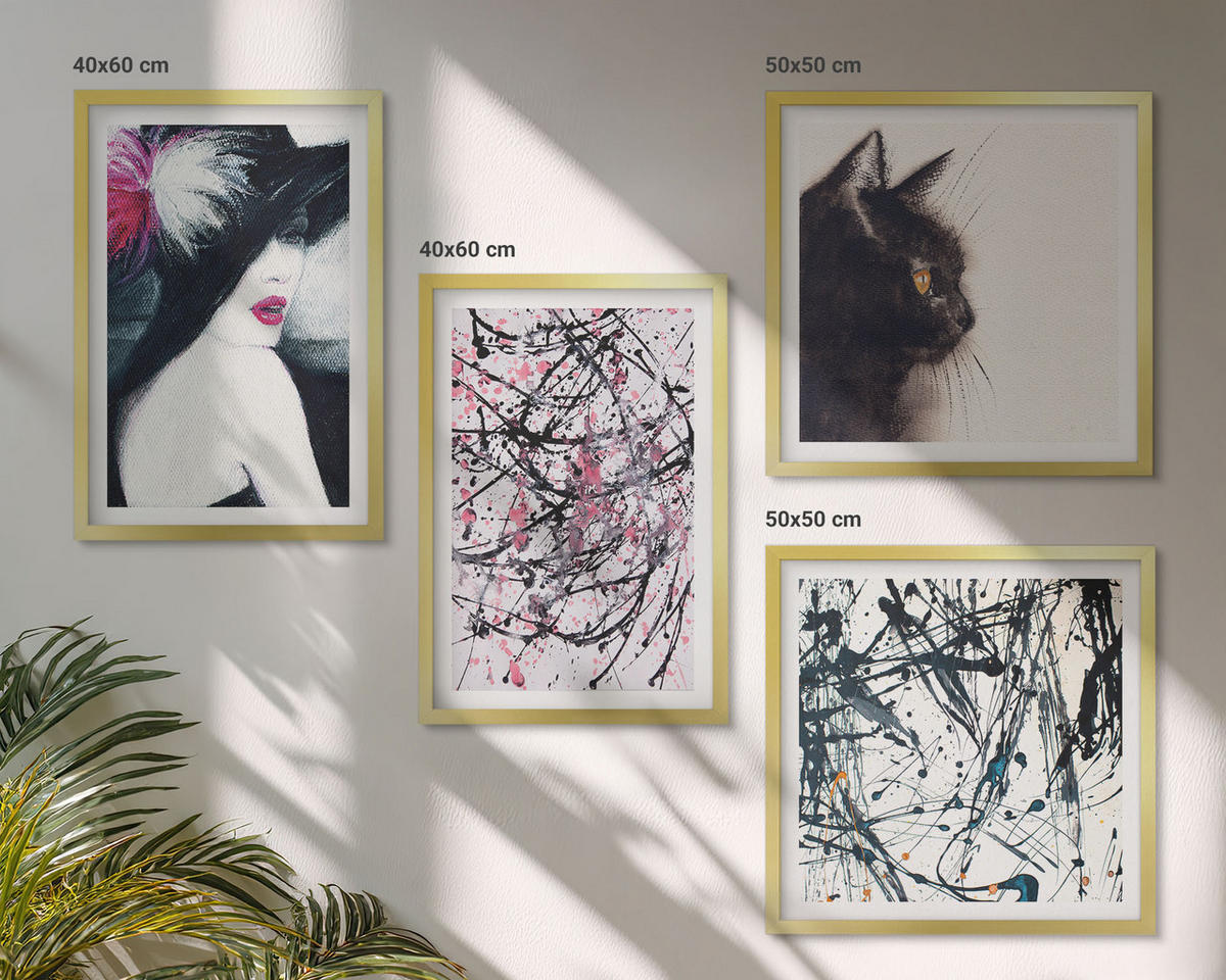 WANDBILDER 4er Set - 50x50 cm & 40x60 cm Goldrahmen - Abstrakte Katzenmalereien - Goldfarben, Kunststoff (50/50cm) - ArtPrintCave
