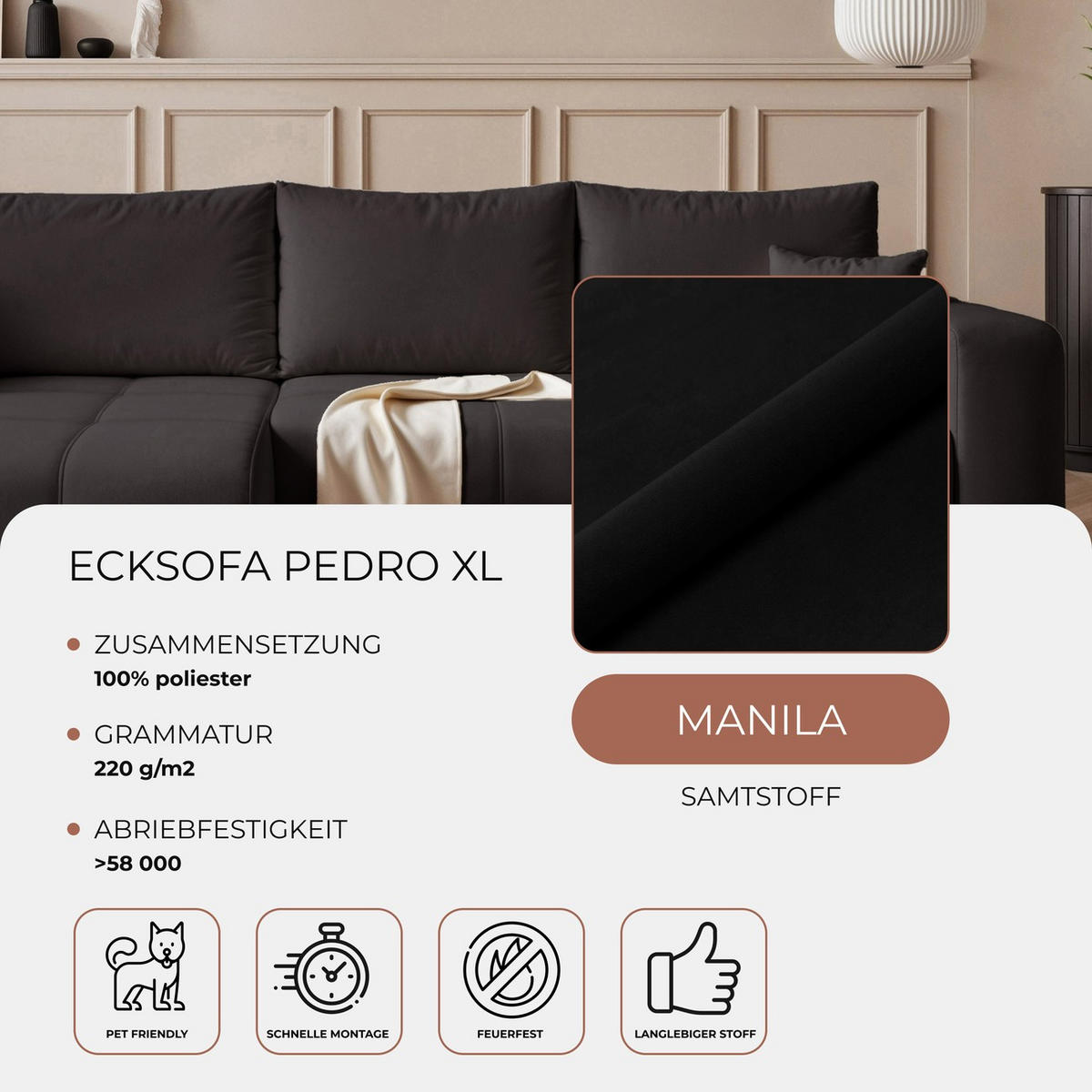 ECKSOFA XL Velours mit Bettkasten und Schlaffunktion - Schwarz, Holzwerkstoff/Textil (278/145cm) - Idohome