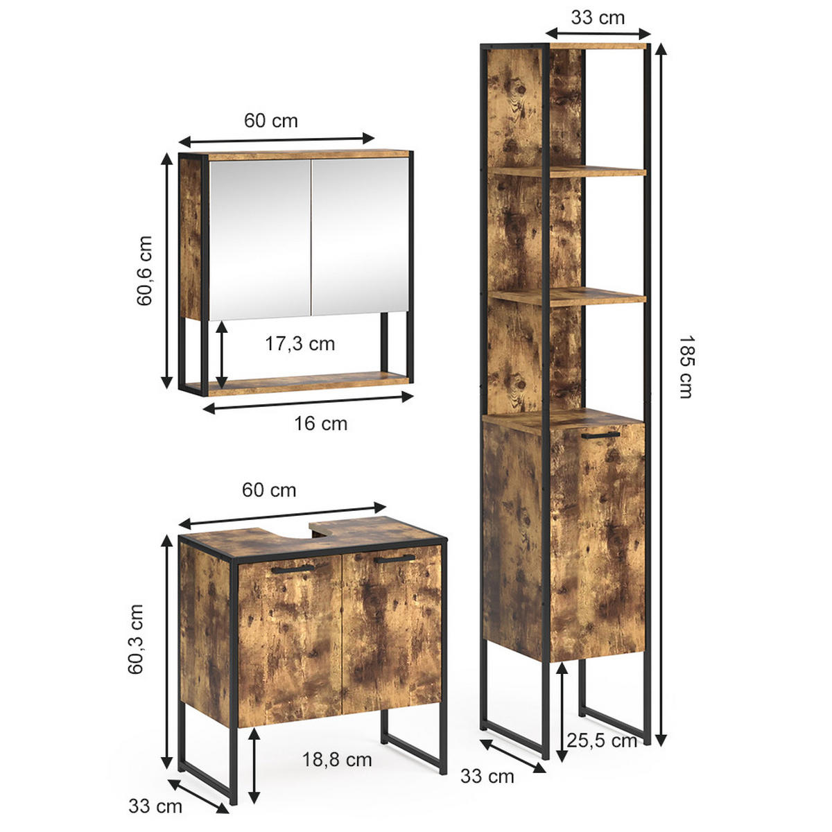 BADMÖBEL-SET Fyrk Antikholz 3 Teile, mit Unterschrank 60 cm - Eichefarben/Schwarz, Holzwerkstoff (60/60/33cm) - Vicco
