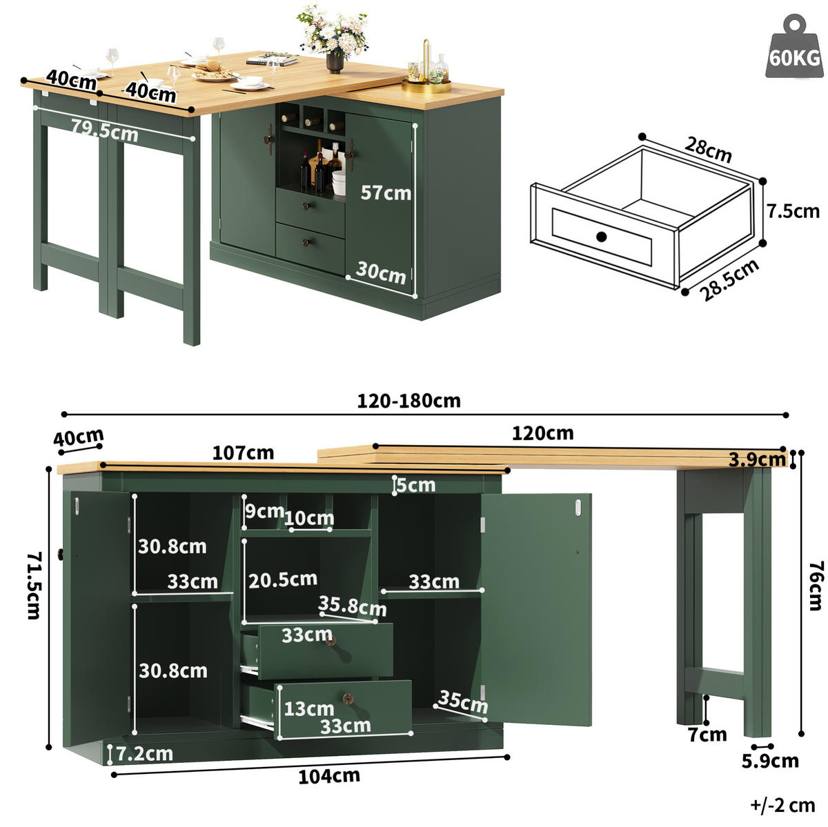 BARTISCH 120-180/40/76 cm aus MDF, ausziehbar, drehbar mit Stauraum, Antikgrün - Dunkelgrün, Holzwerkstoff (40/180/76cm) - Redom