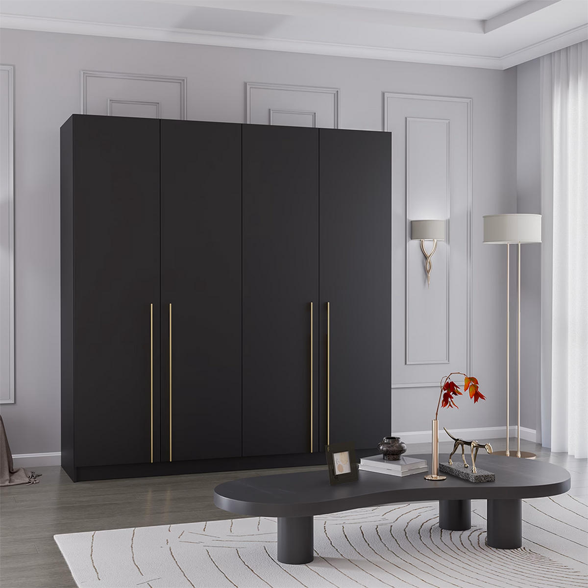 DREHTÜRENSCHRANK ROSA 4D 200/210/57 cm 4-türig Schwarz - Goldfarben/Schwarz, Holzwerkstoff/Metall (200/210/57cm) - imoebel24