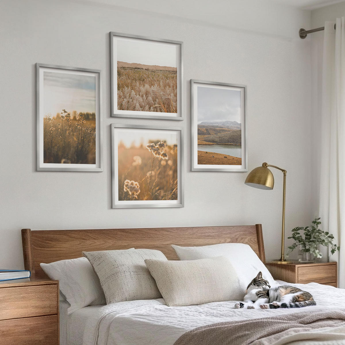 WANDBILDER 4er Set - 50x50 cm & 40x60 cm Silberner Rahmen - Landschaften Wiesen Berge See - Silberfarben, Kunststoff (50/50cm) - ArtPrintCave