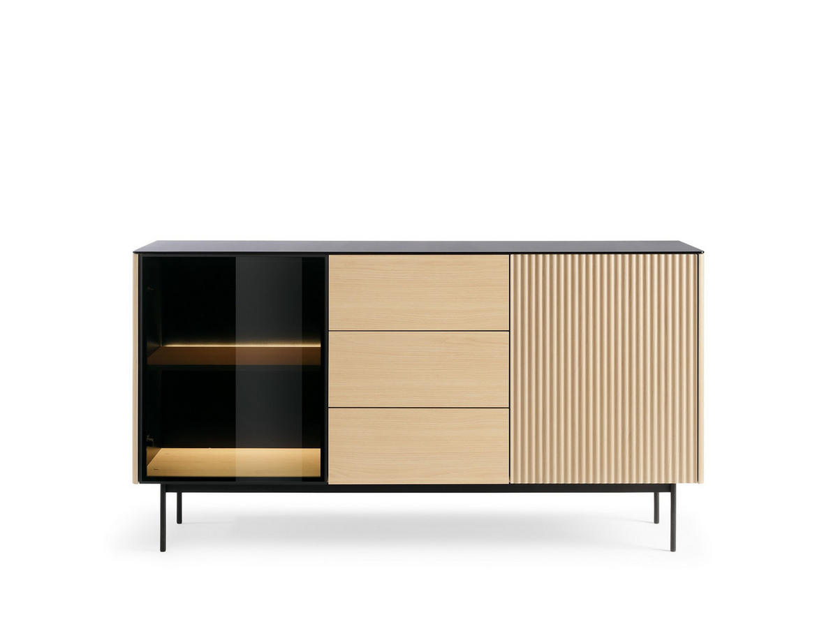 KOMMODE Rita Vincenza Eiche, zweitürige, verglaste Kombikommode mit LED beleuchtung - Eichefarben/Schwarz, Holzwerkstoff (157/84/39cm) - Bettso