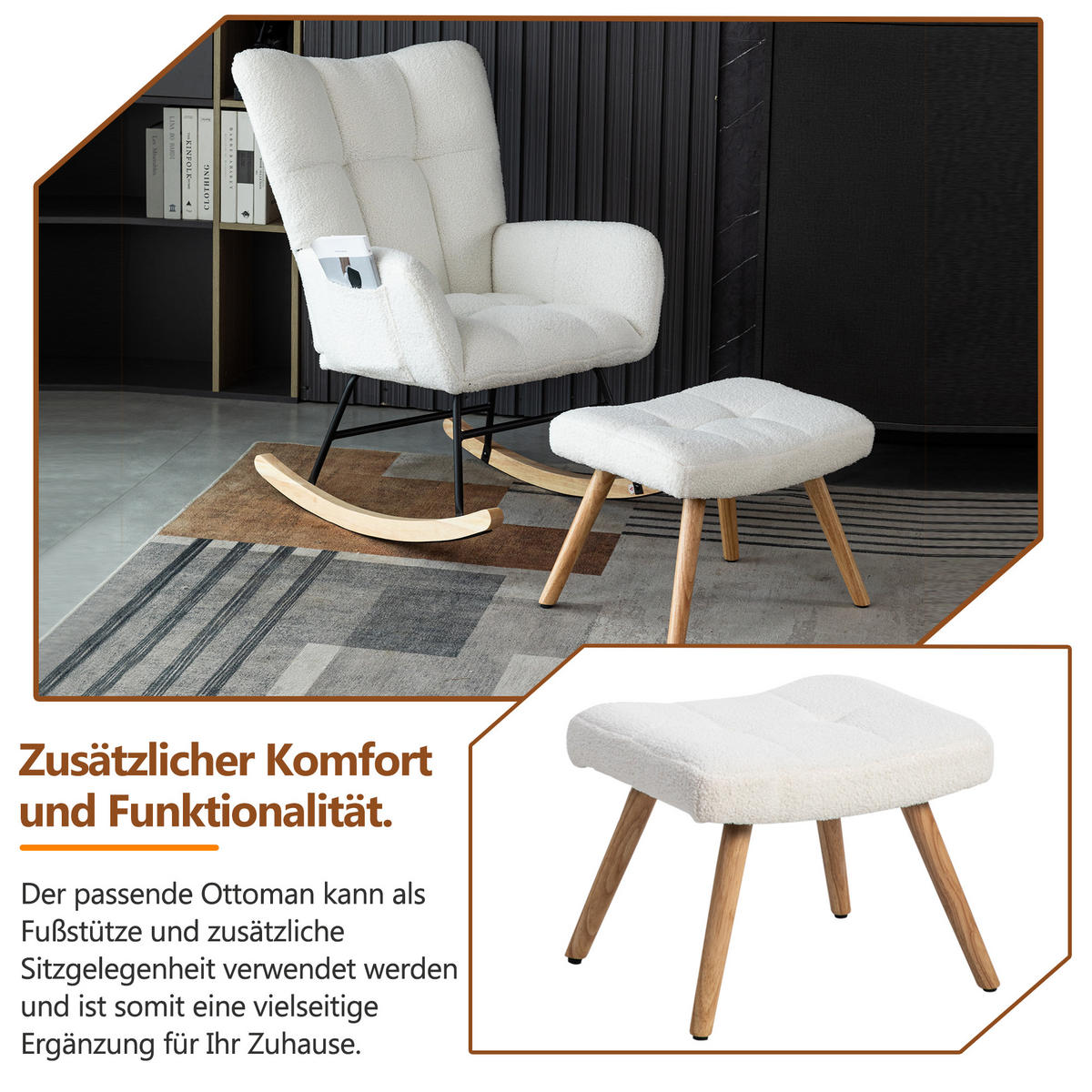 SCHAUKELSTUHL mit Fußhocker und Polsterung weiß 92/65/47 cm - Weiß, Textil (64/92/94cm) - EVRYAE