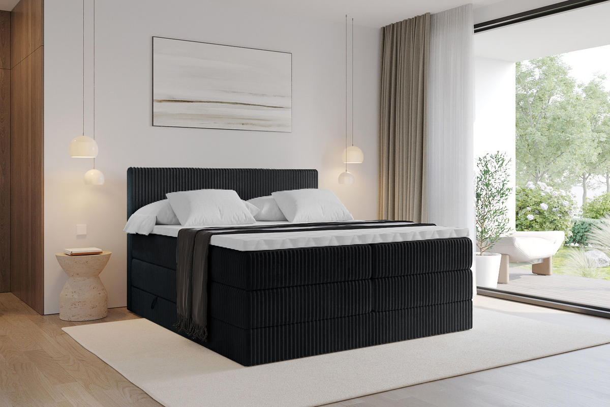 BOXSPRINGBETT mit Matratze H3|H4 und Lattenrost - TOLO KING 140x200 Cord - Schwarz - Schwarz, Holzwerkstoff (140/200cm) - ALTDECOR