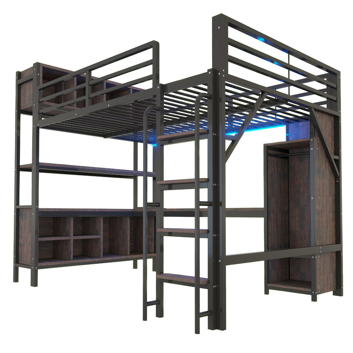 HOCHBETT 140x200cm mit Schreibtisch Kleiderschrank LED Schwarz - Schwarz, Metall (140/200cm) - FLIEKS