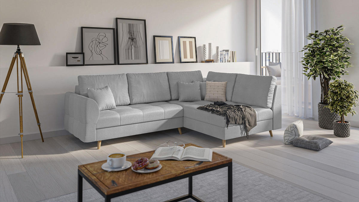 ECKSOFA MIT HOCKER Lorine Mikrofaser Grau - Hellbraun/Grau, Buchenholz/Textil (231/161cm) - S-Style Möbel