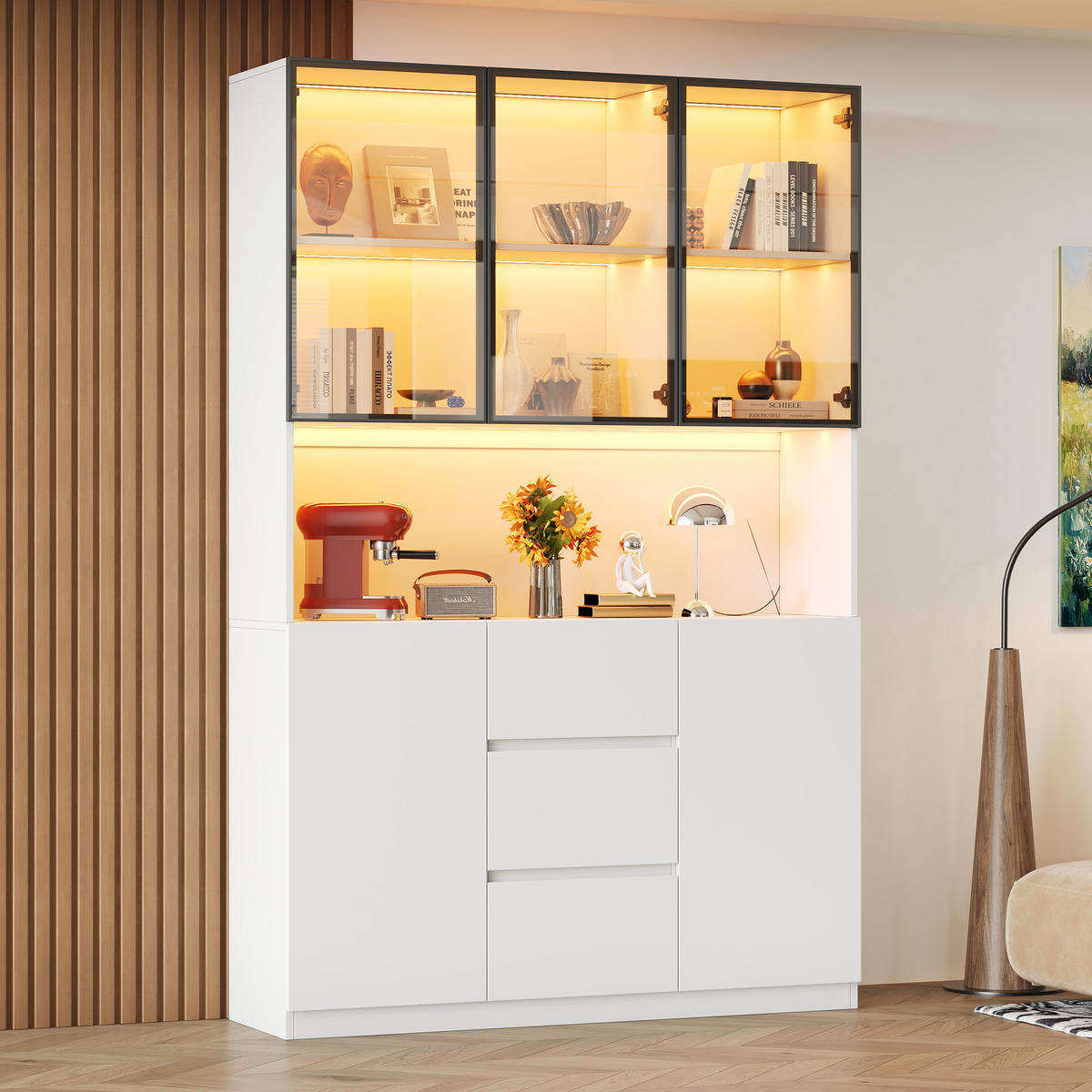 VITRINE LED 200cm 3 Schubladen 2 Türen Weiß - Weiß, Holzwerkstoff (120/200/40cm) - FLIEKS
