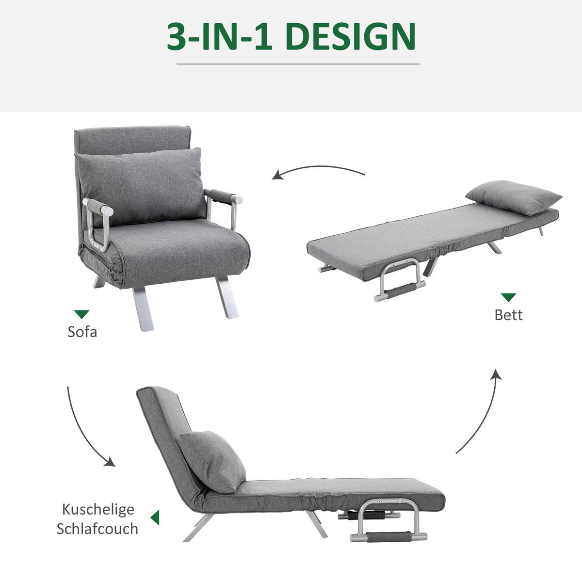 3-IN-1 Schlafsofa Schlafsessel Armlehne Klappbett Gästebett Chaiselongue Grau - Hellgrau, Kunststoff (69/80/65cm) - HOMCOM