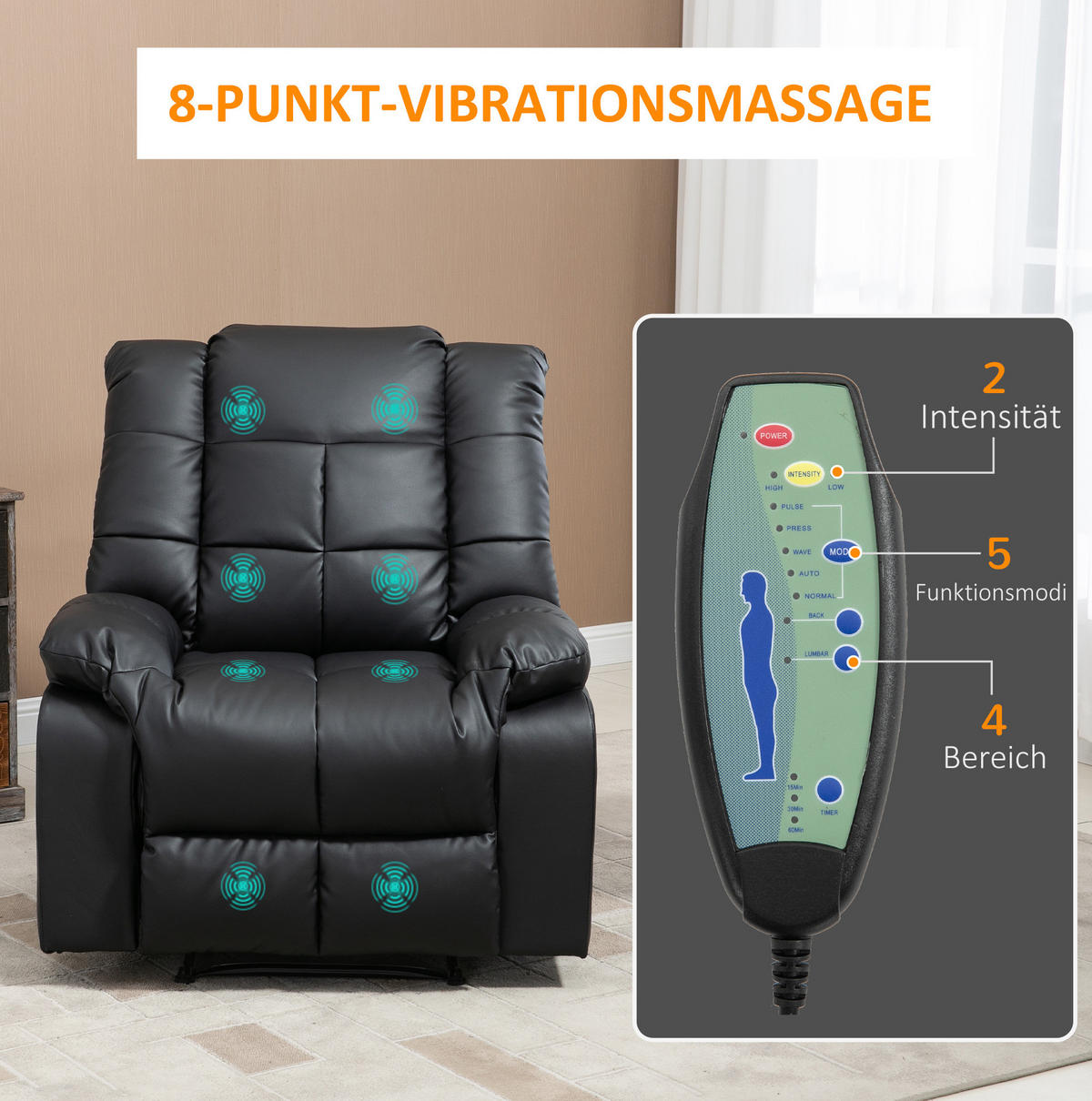 MASSAGESESSEL 94/99/99 cm in Schwarz mit 8-Punkt-Massage und Relaxfunktion - Schwarz, Kunststoff (99/99/94cm) - Flora Grace