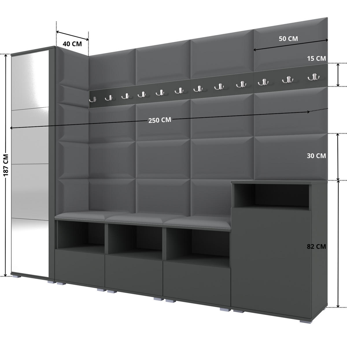 GARDEROBE NELA XI 250 cm (Modulare Flurmöbel Graphit mit Spiegel & Sitzpolster Dunkelgrau 15 Großes Set) - Dunkelgrau/Silberfarben, Holz/Holzwerkstoff (250/187/40cm) - Ravio