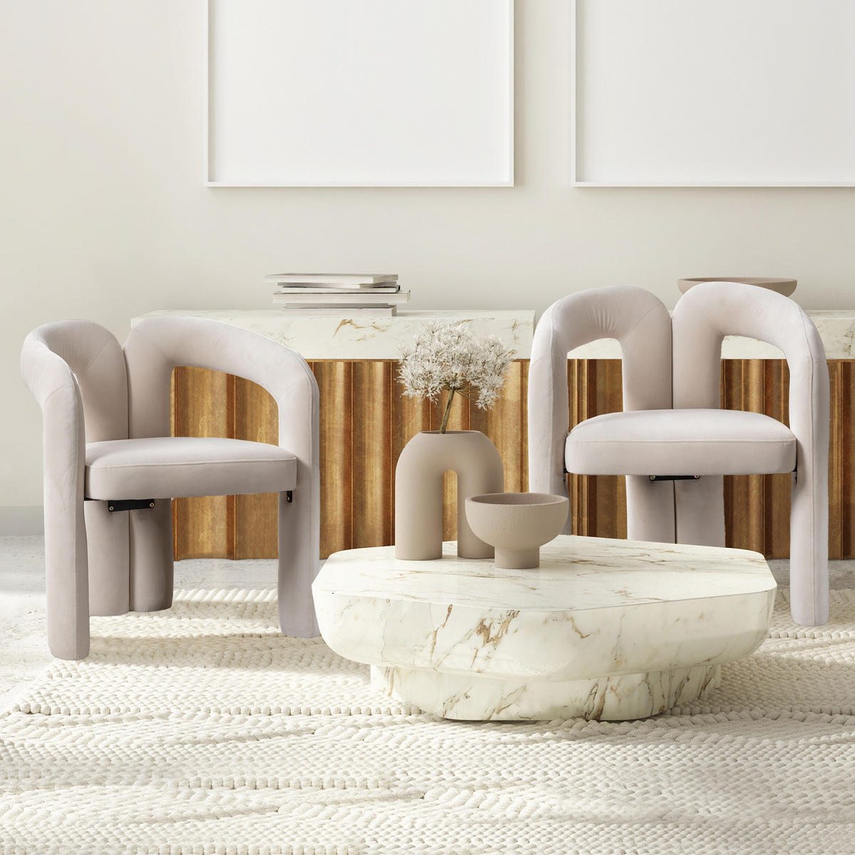 STUHL-SET 2 Stück Samt-Design mit Elefantenfüßen, DE-42220, Beige - Beige, Holzwerkstoff (50.5/71/64cm) - ComfortXL