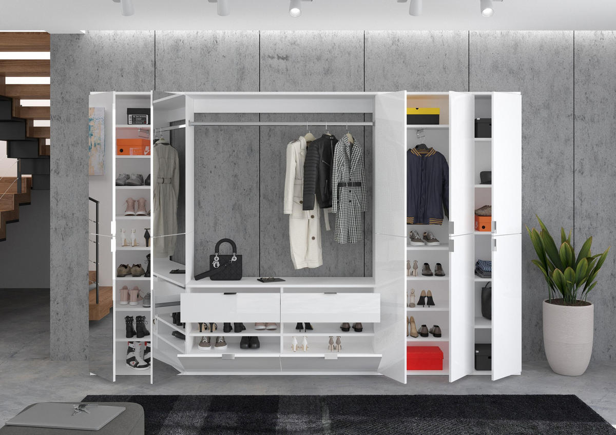 GARDEROBENKOMBINATION 4tlg. Projekt X Garderobe in weiß Nb. und weiß hochglanz B/H/T: 273x193x34 cm - Weiß, Holzwerkstoff (273/193/34cm)