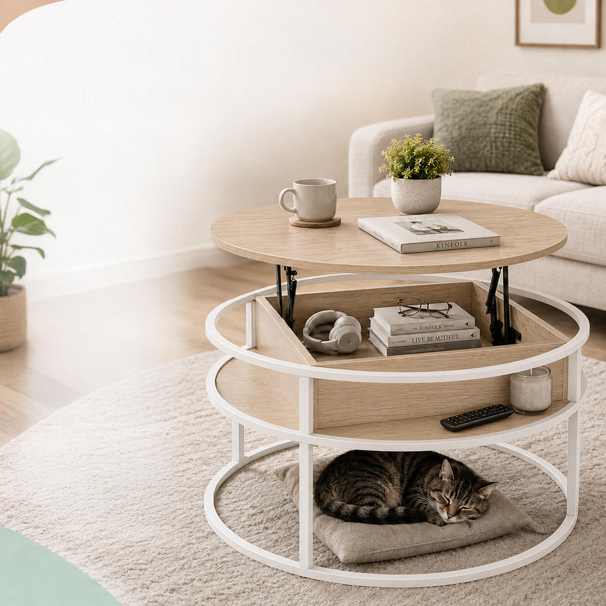 STOLÍK Biela béžová so zdvíhacou doskou s úložným priestorom - béžová, kov/kompozitné drevo (80/80/47cm) - Relaxdays